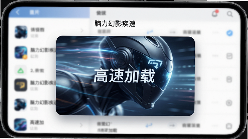 展示“脑力幻影疾速”App内高清图片加载界面的示意图,主体为疾速幻影的特写,背景为模糊的列表项,布局突出主图,排版简洁,风格流畅动感,细节清晰,画质极高,干净,无多余元素,文字包含“高速加载”