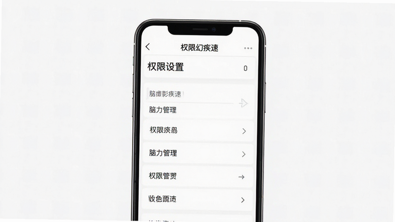 展示“脑力幻影疾速”App设置界面的示意图,主体为权限管理列表,背景为简洁的白色,布局整齐,排版清晰,风格简约,细节明确,画质清晰,干净,无多余元素,文字包含“权限设置”