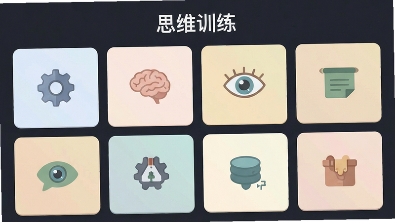 主体为应用内的题库分类界面,布局为网格状卡片排列,每张卡片代表一个思维维度,风格扁平化设计,色调柔和,细节展示不同维度的图标标识,如齿轮、大脑、眼睛等,画质清晰,干净无阴影干扰,文字
