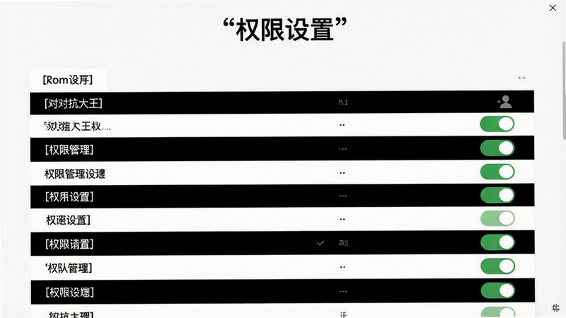 主体为《对抗大王》的设置界面截图,布局展示权限管理列表,背景为白色,排版清晰,风格为极简UI,细节展示开关状态,画质清晰,干净,无多余元素,文字“权限设置”加引号,位于顶部