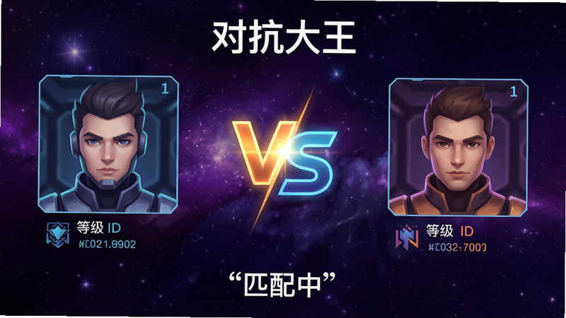 主体为《对抗大王》的匹配界面,布局显示两个玩家头像相对而立,中间有一个闪亮的VS标志,背景为深紫色星空,排版简洁,风格为科幻简约,细节展示双方ID和等级,画质清晰,干净,无多余元素,文字“匹配中”加引号,位于底部